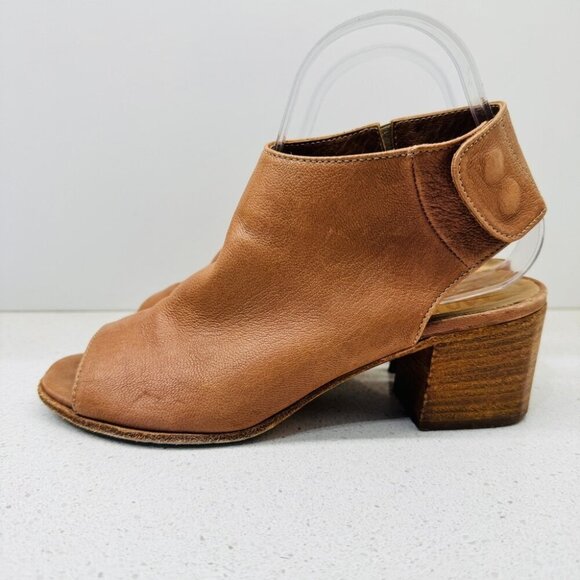 Mimosa Tan Camel Genuine Soft Leather Shoes Peep Toe Stacked Heel Sandals Sz 37 - Picture 5 of 15